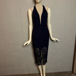 Elegant Navy Blue Lace Mid Dress Plunging V Neck, Sheer Hem,Halter Style Size P